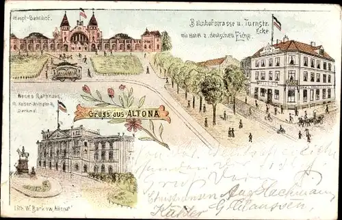 Litho Hamburg Altona, Hauptbahnhof, Bahnhofstraße, Turnstraße, Rathaus, Kaiser Wilhelm Denkmal