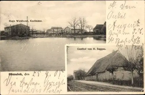 Ak Gönnebek in Holstein, Geschäftshaus Kaufmann Hugo Wickhorst, Gasthof H. Saggau