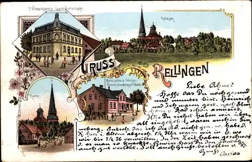 Litho Rellingen in Holstein, F. Wöntemanns Gastwirtschaft, Manufakturwarenhandlung Stoldt, Kirche