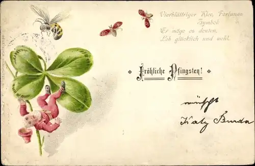 Präge Litho Glückwunsch Pfingsten. Zwerg fällt von einem Kleeblatt, Biene, Maikäfer
