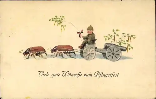 Ak Glückwunsch Pfingsten, Maikäfer ziehen Soldat und Kanone