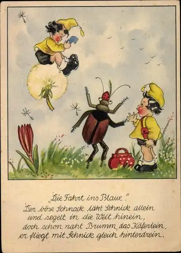 Künstler Ak Palu, M., Die Fahrt ins Blaue, Löwenzahn, Käfer, Kinder