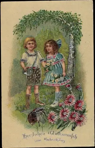 Glitzer Silber Ak Glückwunsch Geburtstag, Mädchen und Junge im Wald, Blumen, Maikäfer