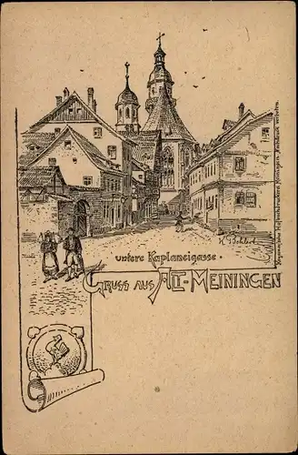 Künstler Ak Meiningen in Thüringen, Untere Kaplaneigasse, Federzeichnung