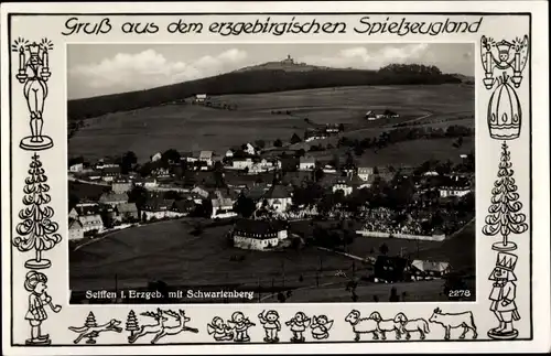 Ak Seiffen im Erzgebirge, Gesamtansicht, Schwartenberg