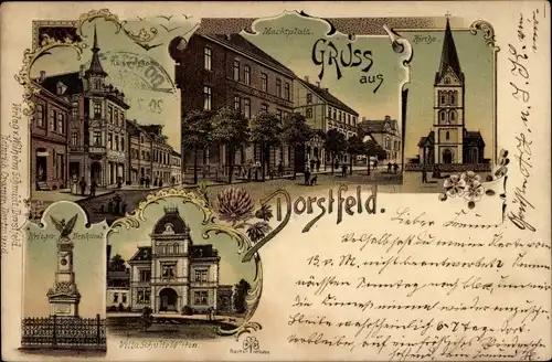 Litho Dorstfeld Dortmund im Ruhrgebiet, Kirche, Marktplatz, Villa Schulte Witten, Kriegerdenkmal