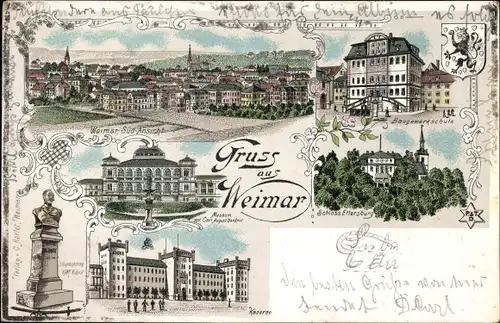 Litho Weimar in Thüringen, Baugewerkschule, Schloss Ettersburg, Kaserne, Museum