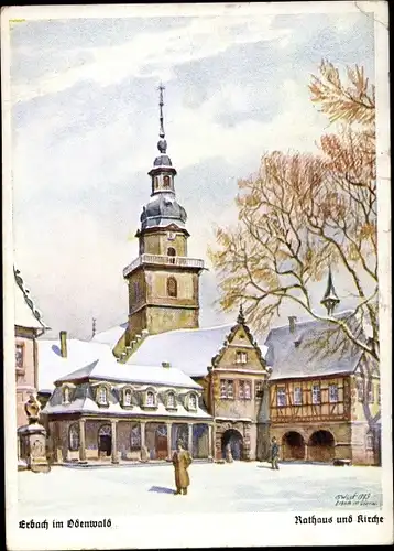 Künstler Ak Wüst, Gg., Erbach im Odenwald Hessen, Rathaus und Kirche, Winter