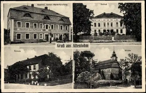 Ak Altenlohm Schlesien, Schule, Kirche, Schloss, Gasthof, Scholz-Warenhandlung