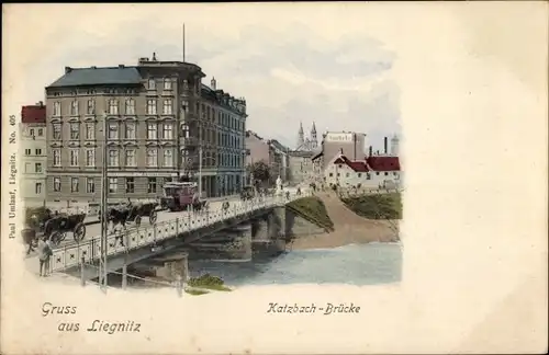 Ak Legnica Liegnitz Schlesien, Katzbach-Brücke, Straßenbahn