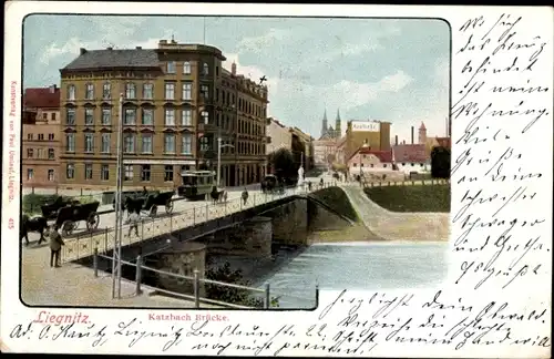 Ak Legnica Liegnitz Schlesien, Katzbach-Brücke, Straßenbahn