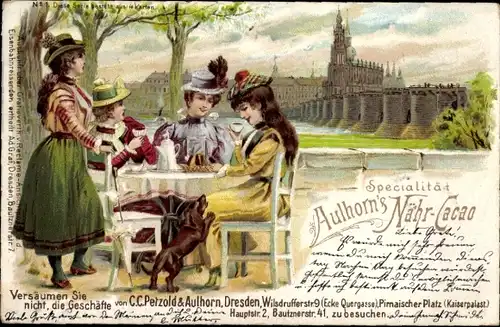 Litho Spezialität Aulhorn's Nähr-Cacao, Werbung, Frauen am Tisch