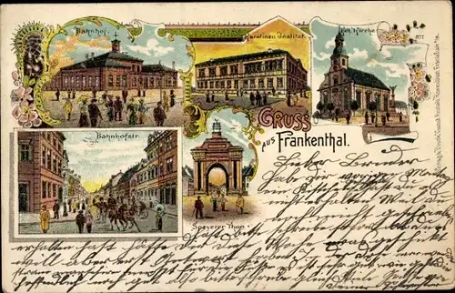 Litho Frankenthal in der Pfalz, Bahnhof, Karolinen Institut, Kath Kirche, Bahnhofstraße, Speyerer Do