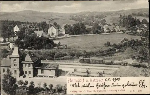 Ak Jerzmanice Zdrój Bad Hermsdorf Schlesien, Bahnhof, Gesamtansicht
