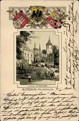 Präge Passepartout Wappen Litho Hamburg Altona Neumühlen, Villa Donner