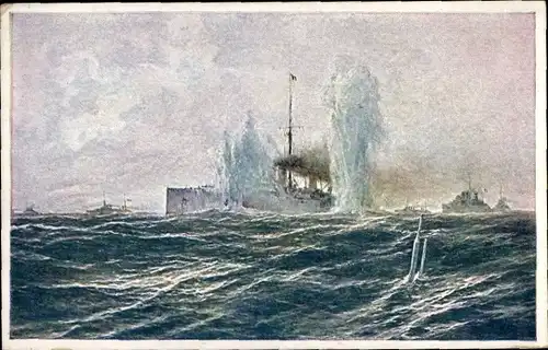 Ak KuK Marine, U-Boot U 12 unter Leon Lerch im Torpedoangriff, Französisches Großkampfschiff