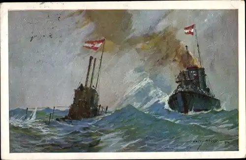 Künstler Ak Heusser, Harry, Österreichische Kriegsschiffe, U-Boot, Torpedoboot, kuk Marine
