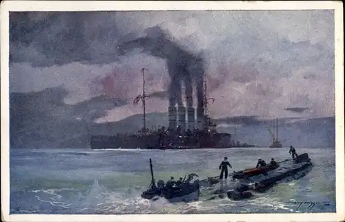 Künstler Ak Heusser, H., Versenkung des französischen Unterseebootes Monge durch S.M.S. Helgoland