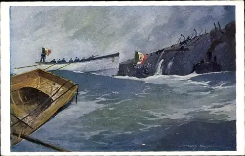 Künstler Ak Heusser, Harry, Rettung der Bemannung des ital. Panzerkreuzers Amalfi, Öst. U Boot U 26