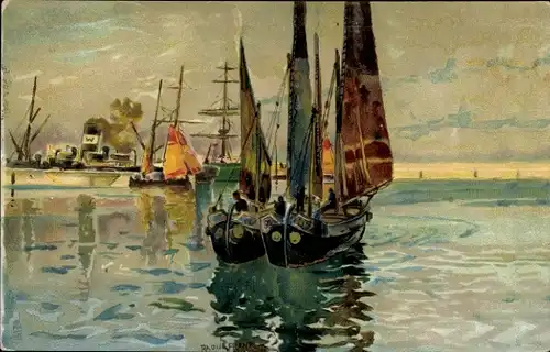 Künstler Litho Frank, R., Rijeka Fiume Kroatien, Hafen, Boote