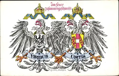 Wappen Künstler Ak Berger, G., Im Feuer zusammenschweißt, Zweibund