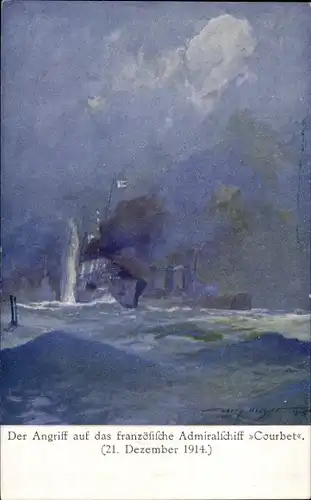 Künstler Ak Heusser, H., KuK Marine, Angriff auf das französische Admiralschiff Courbet