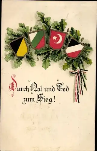 Ak Durch Not und Tod zum Sieg, Waffenbrüderschaft, Fahnen, Kaiserliche Verbündete