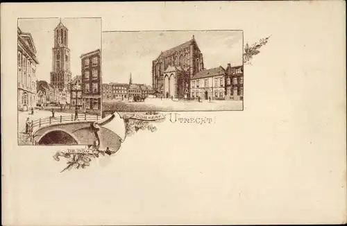 Litho Utrecht Niederlande, Platz, Brücke, Kirche