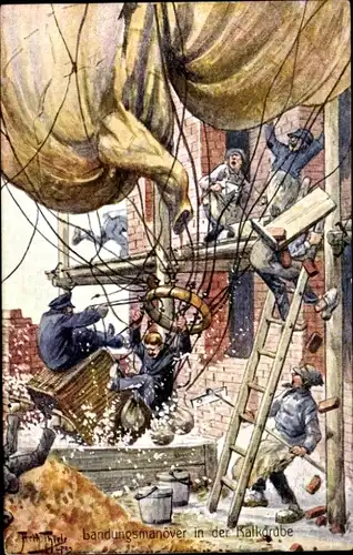 Künstler Ak Thiele, Arthur, Landungsmanöver in der Kalkgrube, Ballon, Maurer