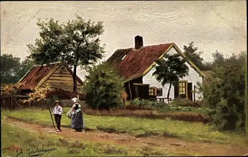 Künstler Ak Gerstenhauer, Johann Georg, niederländisches Dorfmotiv, Bauernhaus, Bauern