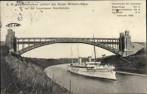 Ak Kaiser Wilhelm Kanal, Levensauer Hochbrücke, SMY Hohenzollern