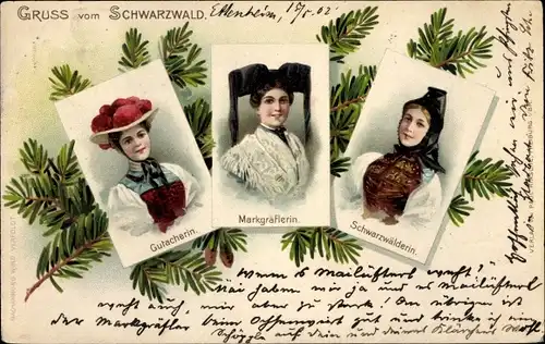 Litho Schwarzwald, Frauen in Tracht, Gutacherin, Markgräflerin, Schwarzwälderin