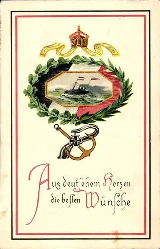 Litho Aus deutschem Herzen die besten Wünsche, Kriegsschiff, Kaiserliche Marine