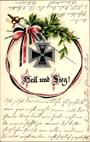 Ak Heil und Sieg, Eisernes Kreuz 1914, Eichenlaub, Lorbeer, 1. WK