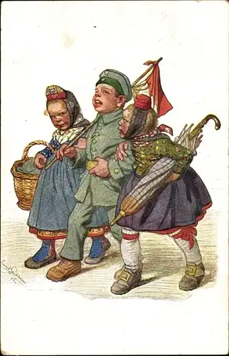 Künstler Ak Beithan, Emil, Mädchen in hessischen Trachten, Junge als Soldat, 1. WK