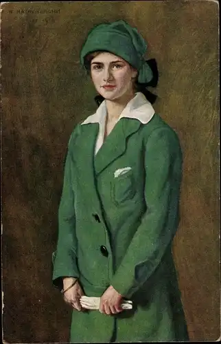 Künstler Ak Hackenbroich, Anton, Ingeborg, Frau im grünen Mantel, Deka