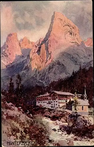 Künstler Ak Hinterbärenbad in Tirol, Blick zum Gasthaus, Berge