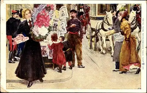 Künstler Ak Skarbina, Franz, Straßenszene an einem Kiosk, Frau mit Blumengesteck und Geschenk