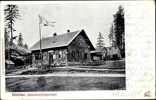 Ak Ilmenau in Thüringen, Gabelbachhäuschen, Fachwerkhaus, Fahne