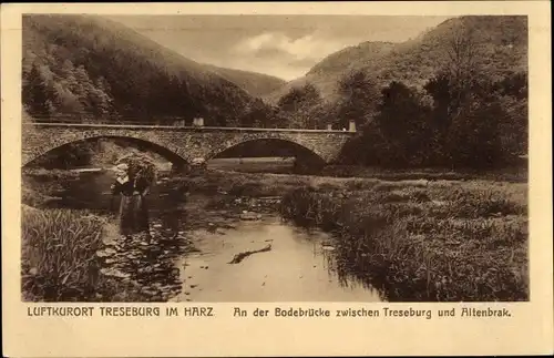 Ak Treseburg Thale im Harz, Bodebrücke zwischen Treseburg und Altenbrak