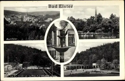 Ak Bad Elster im Vogtland, Ortsansicht, Gondelteich, Quellen am Badeplatz, Elsterbrunnenn