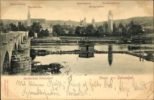Ak Ochsenfurt am Main Unterfranken, Mainbrücke, Pfarrkirche, Taubenturm, Bezirksamt