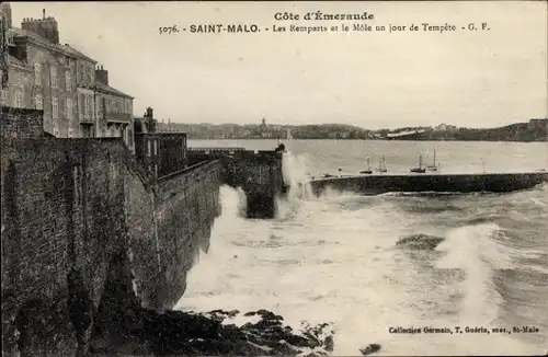 Ak Saint Malo Ille et Vilaine Bretagne, Les Remparts et le Mole un jour du tempete