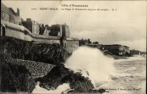 Ak Saint Malo Ille et Vilaine Bretagne, La Plage de Bonsecours un jour de tempere