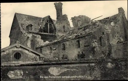 Ak Cernay-les-Reims Marne, Die von Franzosen zerschossene Kirche