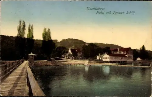 Ak Mannenbach Kanton Thurgau, Hotel Schiff, Brücke, Boot