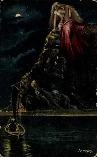 Künstler Ak Loreley mit Handharfe auf dem Loreleyfelsen sitzend, Segelboot, Zieher 8721