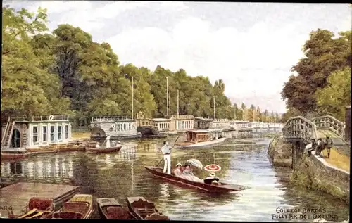 Künstler Ak Oxford Oxfordshire England, College Barges, Folly Bridge, Boote