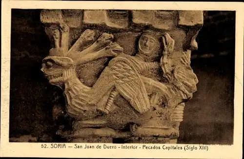 Ak Soria Kastilien und León Spanien, San Juan de Duero, Interior, Pecados Capitales (Siglo XIII)
