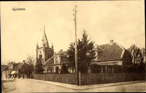 Ak Pewsum Krummhörn in Ostfriesland, Apotheke, Kirche